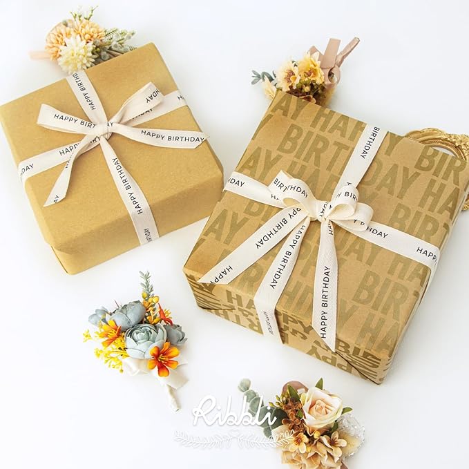 Ribbli Birthday Cotton Ribbon Natural Twill Tape Cotton with Black Happy Birthday Farmhouse Ribbon Use for Gift Wrapping Baking Crafts Home Decor-5/8 Inch x 10 Yard