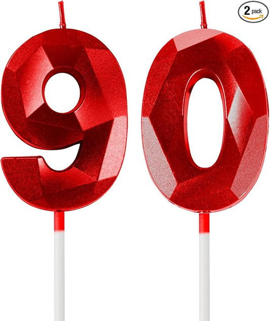 Number 90 Candles,90th Birthday Candles,Red Happy Birthday Candle for Cake,3D Design Cake Topper Decorations for Women Men Birthday Party Wedding Anniversary Celebration Supplies