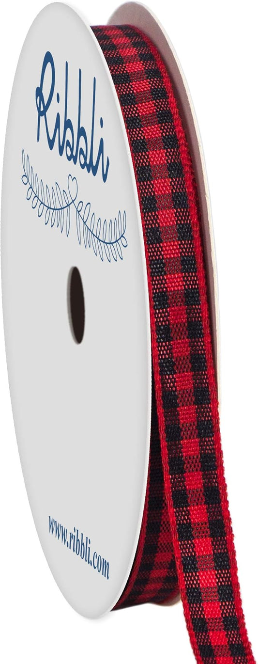 Ribbli Red and Black Gingham Ribbon,100% Polyester Woven Edge,1/4 Inch x 10 Yard,Plaid Ribbon,Use for Gift Wrapping,Party Decoration
