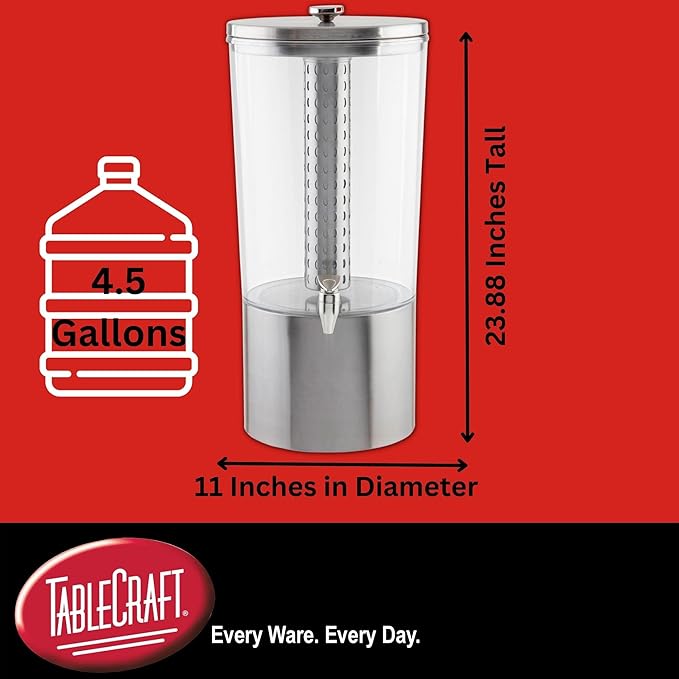 TableCraft 10451 Upscale Beverage Dispenser, 4-1/2" Gallon, Stainless Steel with Nickel Plated ABS Faucet, Tritan Reservoir, Stainless Steel Base