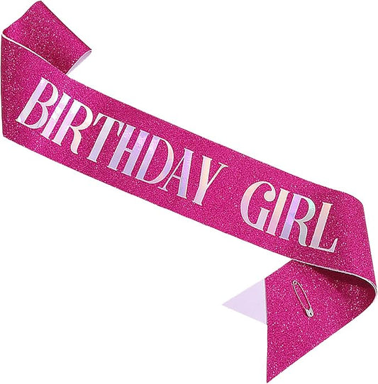 Birthday Sash for Girl, Dazzle Foil Letter Glitter Hot Pink Birthday Sash for Women Girl Kids Teenager Bday Gifts Party Favors Photo Prop