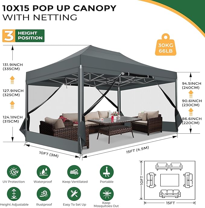COBIZI 10x15 Heavy Duty Pop Up Canopy with 4 Sidewalls, Easy Set Up Outdoor Commercial Canopy with Mosquito Netting Waterproof Instant Screen Tent for Backyard, Patio, Garden, Gray