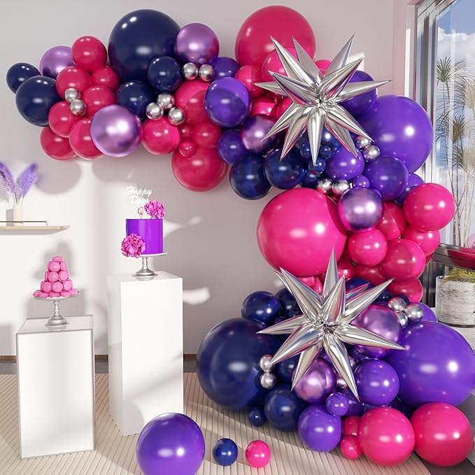 MEBAY Hot Pink Purple Dark Blue Baloon Garland Arch Kit with 4D Star Foil Balloon Silver, 155Pcs Latex Balloons Different Sizes 18 12 10 5 inch for Graduation Birthday Wedding