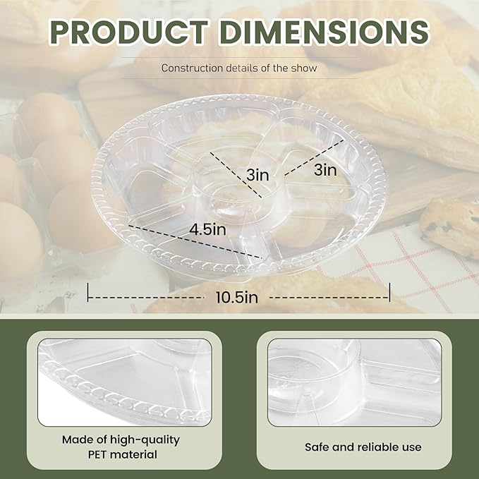 30 Pack Plastic Veggie Tray for Serving for Party, 10.4inch 6 Divided Compartment Disposable Party Platters for Vegetable Fruit Snack Nut, Fruit Trays with Lid for Buffet Catering