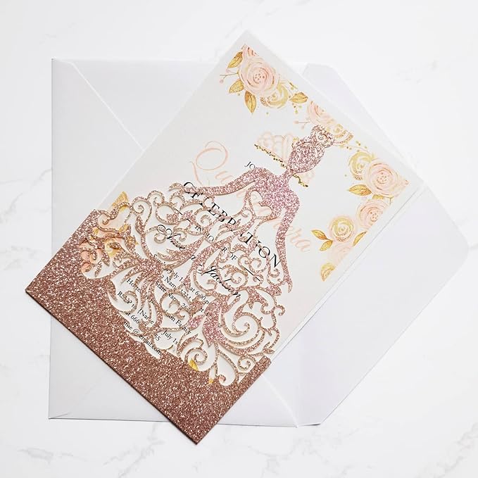 5 x7.3 Inch 20PCS Blank Quinceanera Invitations Kit Laser Cut Hollow Girl Princess Pocket with Envelopes Crown Invitations Cards for Quinceañera Birthday Party Invite (Rose Gold Glitter)