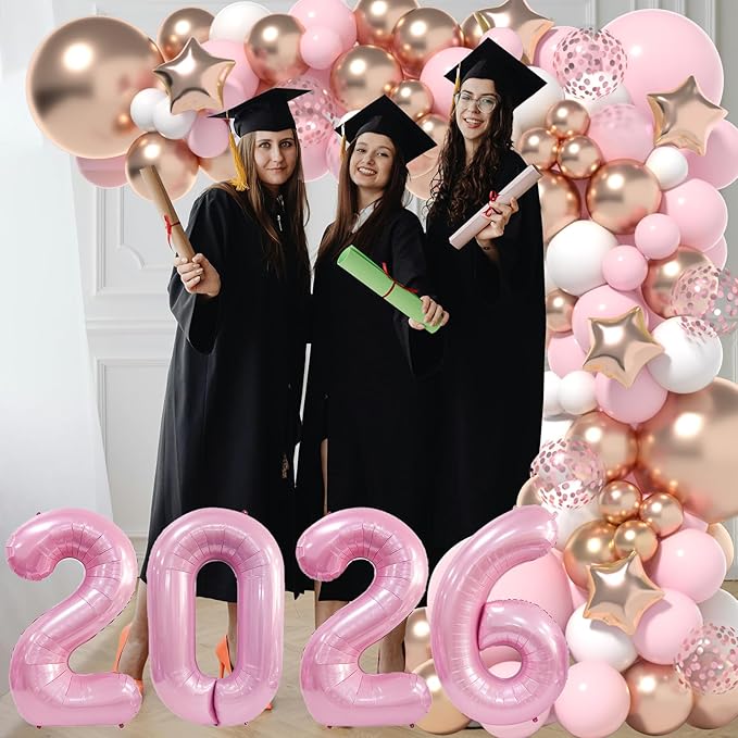 Graduation Decorations Class of 2026: Pink and Gold Graduation Balloons Arch Kit 2026 Grad Party Decorartion with Congrats Grad Backdrop Party Supplies for High School & College Celebrations