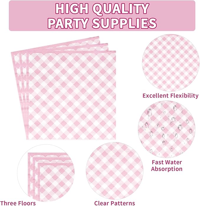 96 Pcs Pink Gingham Party Supplies 350 GSM Disposable Pink and White Buffalo Checked Paper Plates and Napkins Tableware Set for BBQ Picnic Baby Shower Birthday Party Decorations Serves 24