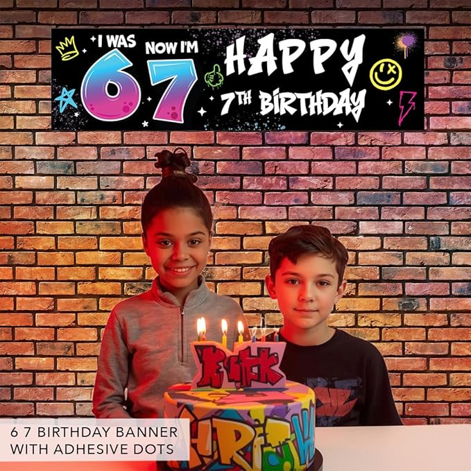 Andaz Press 13x48 Inch 6 7 Birthday Banner Decorations, I Was 6 Now I'm 7 Birthday Banner Graffiti 67 Happy Birthday Party Banner for Boys or Girls, Home or Party Decor Backdrop Sign with Adhesive