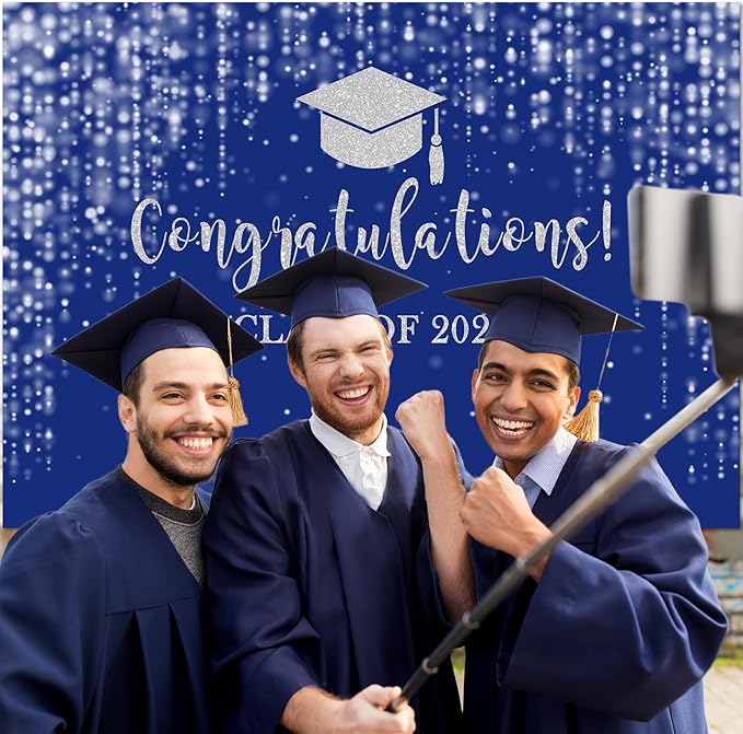 Mocsicka Class of 2026 Backdrop Blue Silver Glitter Bokeh Graduation Party Background 2026 Congrats Grad Prom Party Cake Table Decoration Photo Booth Props (8x6ft)