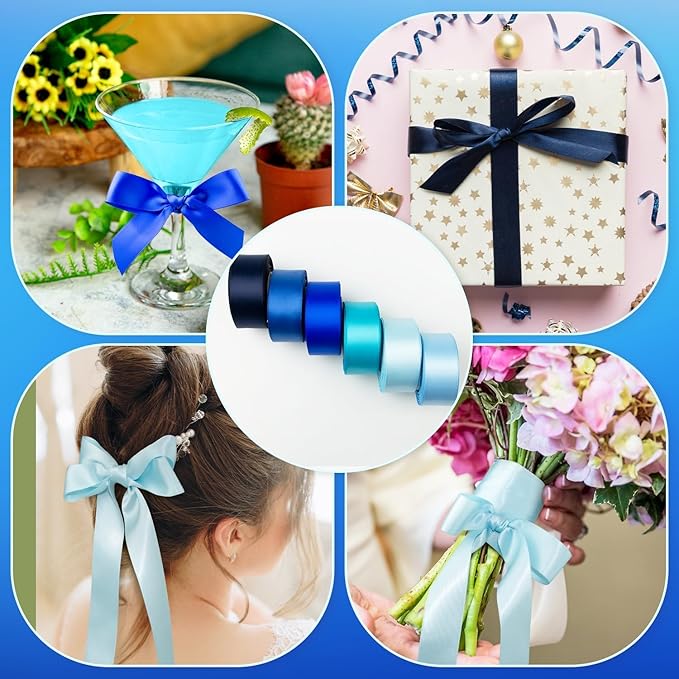 Satin Ribbon 1 Inch Wide Assorted Solid Color Double Faced - Navy, Royal, Light Blue - 60Yds for Flower Bouquet Wedding Invitation Crafts Gift Wrapping Hair Bows