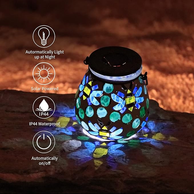Afirst Mosaic Outdoor Lanterns - Glass Solar Hanging Lights Bee Hollow Out Waterproof Outdoor Decorative for Garden, Patio, Holiday Party Outdoor Decoration