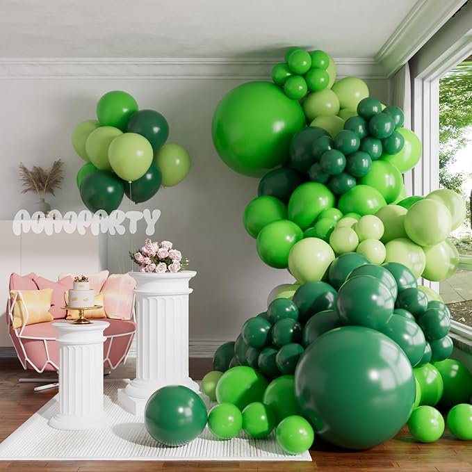 Green Balloons Garland Arch Kit Different Sizes Pack 150Pc 18Inch 10Inch 5Inch Latex Lime Green Dark Green Emerald Green Balloons for Birthday Graduation Baby Shower Jungle Party Decorations