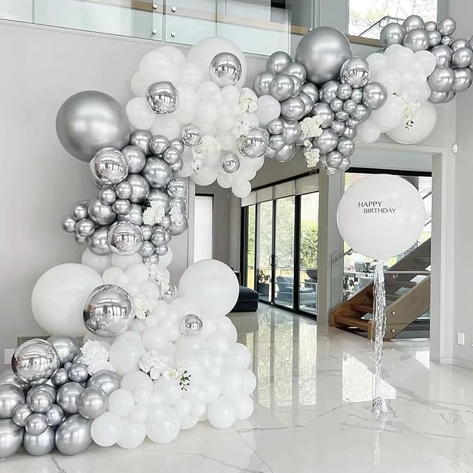Awenztech 120pcs Metallic Silver Balloon Arch Kit, 18 12 10 5 inch Chrome Silver Latex Balloons Different Sizes Balloon Garland for Wedding Baby Shower Disco Birthday Party Decorations