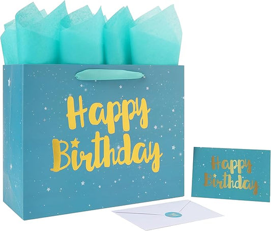 Qirrmiy 13” Large Green Happy Birthday Gift Bag Set with Handles, Greeting Card, Tissue Papers and Stickers for Women Men Boys Girls Kids, Stars Design, 1 Pcs.
