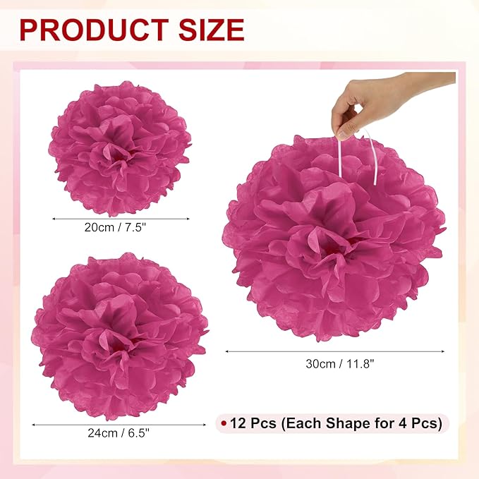 PATIKIL 8" 10" 12" Tissue Paper Pom Poms, 12PCS Pom Poms Paper Flowers Ball Tissue Paper Flowers Assorted Size for Wedding Bridal Shower Birthday Party Backdrop Decoration, Rose Red