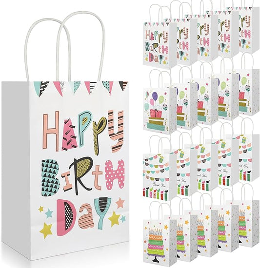 20Pcs Birthday Gift Bags with Handles, 8.2" x 5.8"x3.15" Happy Birthday Paper Favor Bags, Colorful Candle Balloon Cake Print Birthday Goodie Bags, Party Treat Candy Bags for Boys Girls Birthday Party Supplies