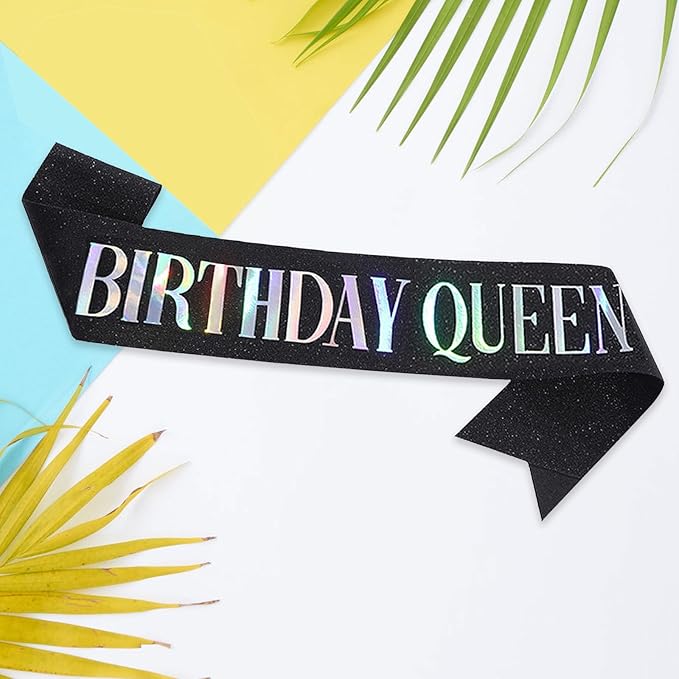 Birthday Queen Sash, Dazzle Foil Letter Glitter Black Birthday Sash for Women Girl 21st 30th 40th 50th 60th Funny Bday Gifts Party Favors Photo Prop