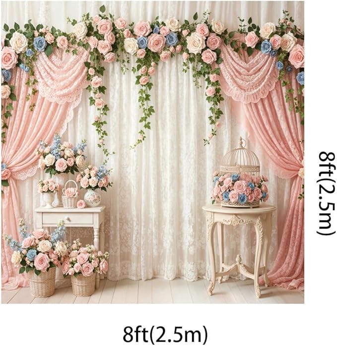 Kate 8x8ft Elegant Floral Arch Photography Backdrop with Sheer Lace Curtains for Wedding Photography Photo Background