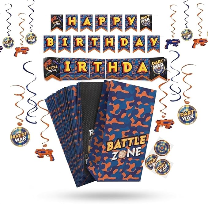 Serves 16 Dart War Party Supplies Includes 16 Treat Bags, 1 Happy Birthday Banner, 8 Swirls, 16 Stickers Ideal for Dart War theme Birthday Party