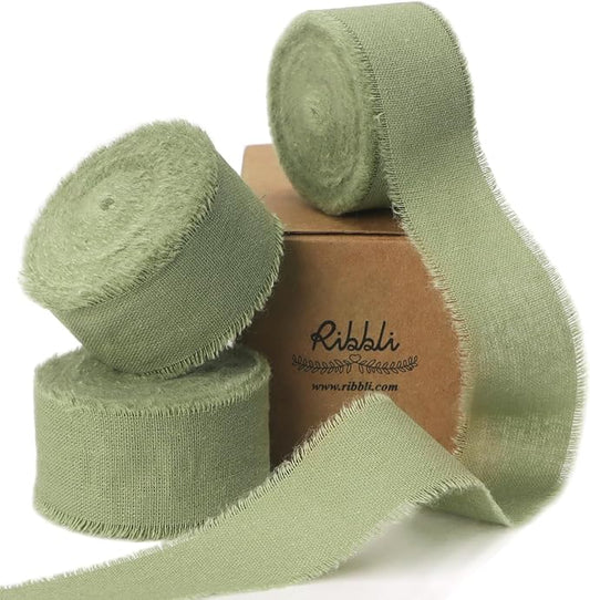 Ribbli 3 Rolls Sage Green Ribbon 1 Inch x 18 Yards Handmade Cotton Frayed Fringe Ribbons for Gift Wrapping Wedding Invites Bridal Bouquets Baby Shower DIY Crafts Home Decor
