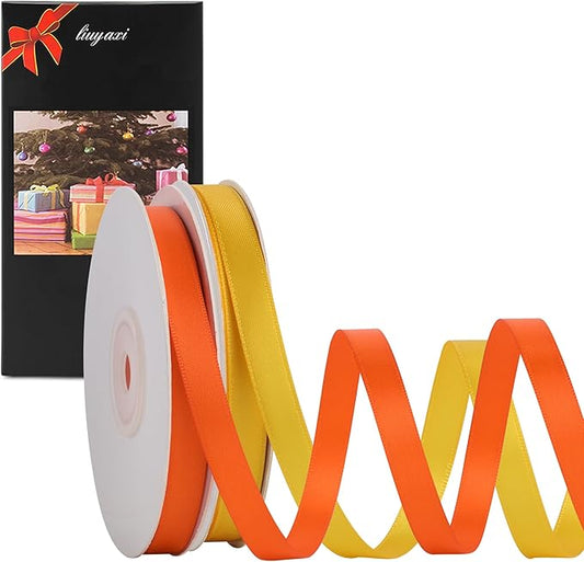 LIUYAXI 2 Rolls Yellow & Torrid Stain Ribbon,3/8 Inch x Continuous 25 Yards Each Rolls, Total 50 Yards, Double Faced Crafts Ribbon use for Bows Bouquet, Gift Wrapping, Halloween