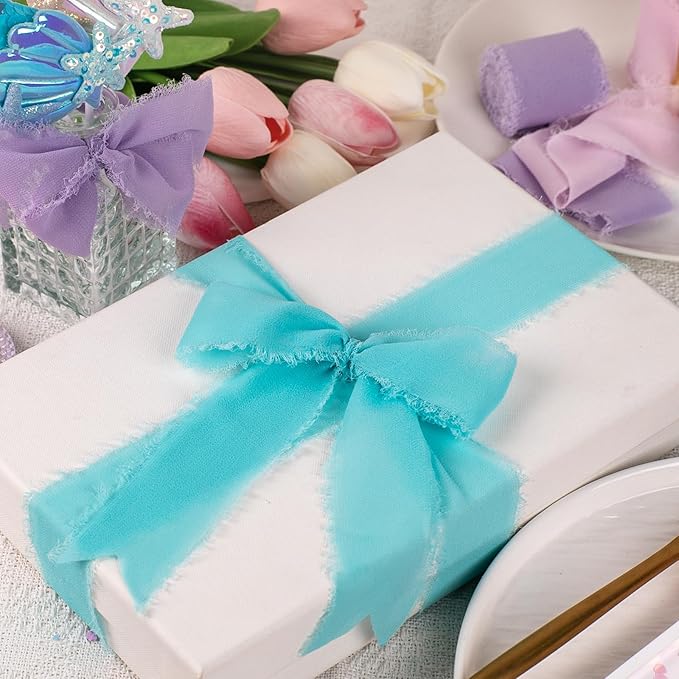 Chiffon Ribbon, Pink Purple Teal Silk Mermaid Ribbon, Mermaid Party Decoration, 1-1/2''x21Yd Handmade Frayed Fringe Ribbon for Gift Wrapping, Floral Vase, Craft, Birthday Party, 3 Rolls