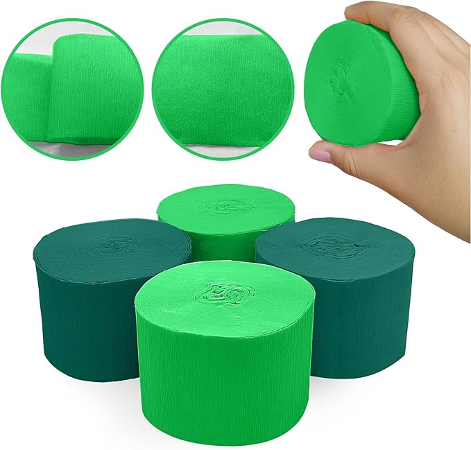 4 Crepe Paper Streamers Rolls, 328ft Pack of Green and Dark Green Crepe Paper for Birthday Wedding Baby Bridal Shower Decorations Christmas Craft Supplies (1.8 inch x 82 ft/Roll)
