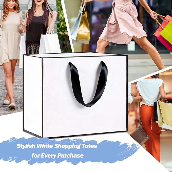 SHIPKEY 12 Pack Extra Large Gift Bags with Tissue Paper, 16x6x12 Inches White Paper Bags with Ribbon Handles, X-Large Gift Bags for Wedding, Christmas and Holidays