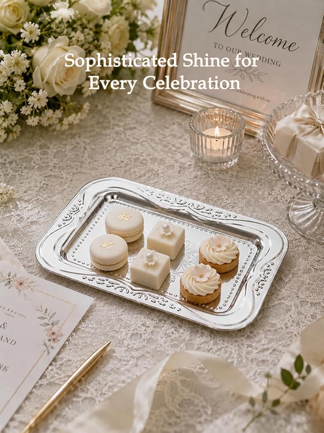 4-Pack Small Silver Serving Trays Set - ZENOVLUX Lightweight Bow Floral Engraved Mirror Decorative Tray, 11.4" x 7" Wedding Party Platters for BBQ, Food, Appetizer, Charcuterie, Cookies, Desserts