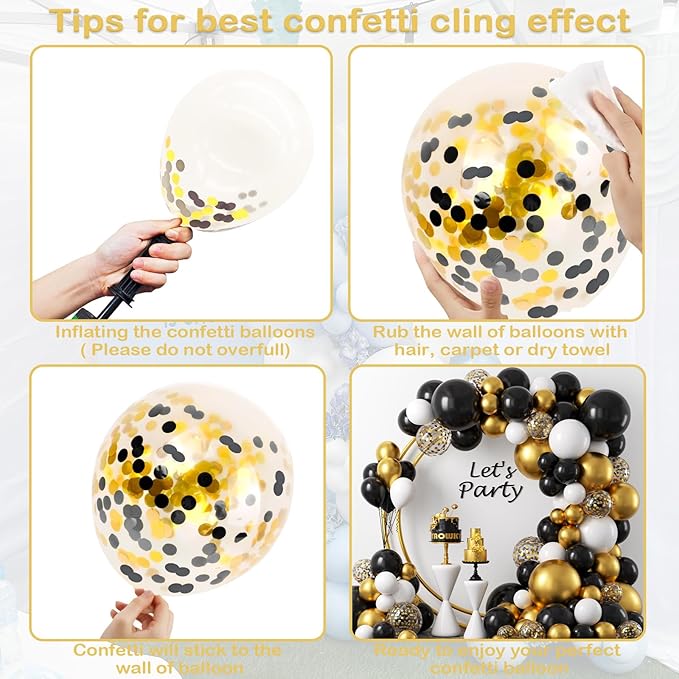 YAOWKY Black and Gold Balloons Arch Garland Kit,124pcs 18 12 10 5 Inch Black White and Gold Black Confetti Balloons for New Years Eve Party, Graduation, Birthday, Wedding, Baby Shower Decorations