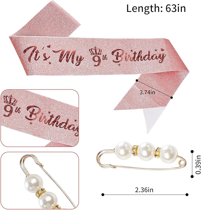 9th Birthday Decorations for Girls, Including Sash, Crown Tiara, Candles, Cake Toppers, 9rd Birthday Gifts for Girls
