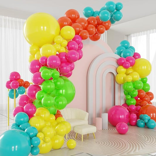 Summer Tropical Balloons Arch Kit, 124pcs Hot Pink Green Orange Yellow Teal Blue Balloons with 16ft Tape Strip & Dot Glue for Birthday Baby Shower Hawaiian Summer Party Decorations