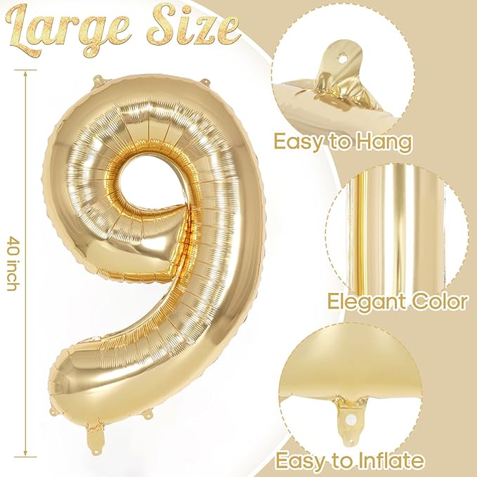 Champagne Gold Large Number 9 Balloon, 40 Inch Light Gold Foil Helium Number Balloons, Giant Mylar Number 9 Balloons for 9 Years Old Birthday Party Anniversary Decorations