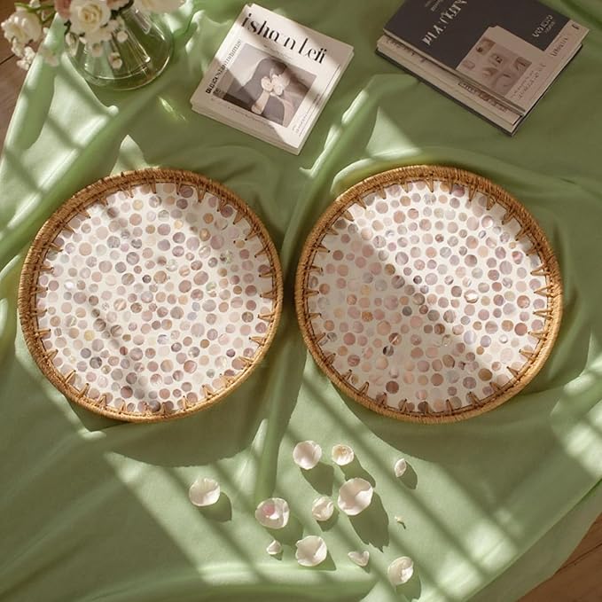 Round Rattan Tray with Mother of Pearl Inlay, Handwoven Wicker Coffee Table Serving Basket Tray for Fruit Snack Party Picnic Cafe Bedroom Kitchen Home Decor Set of 2 (Apricot Dot)