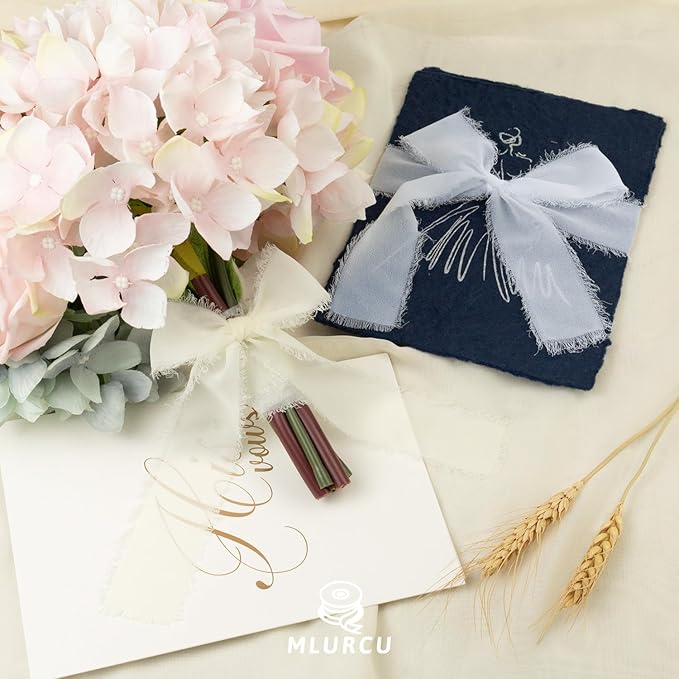 White Chiffon Ribbon 1.5 Inch x 21Yds Handmade Fringe Chiffon Silk Ribbon White/Cream/Nude Frayed Chiffon Ribbon for Wedding Invitation Flower Bouquets Gift Wrapping Bridal Shower Baby Shower