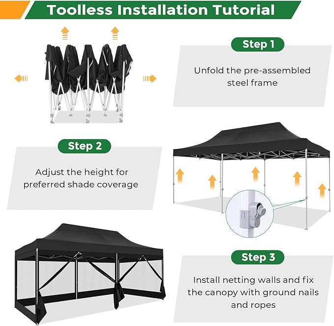 COBIZI 10x20 Heavy Duty Pop Up Canopy Tent with 6 Sidewalls, Easy Set Up Outdoor Waterproof Screen Commercial Party Tent with Mosquito Netting for Parties Backyard Patio, Roller Bag, Black