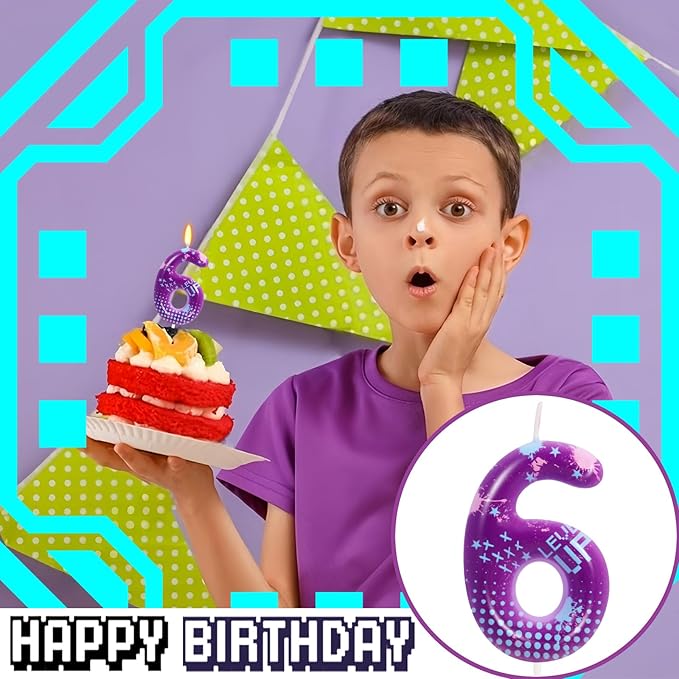 STG Birthday Candles for Boys - Number 6 Candle for Video Game Birthday Cake Topper, Fort Battle Level Up Sandbox Games Birthday Party Supplies (Purple)