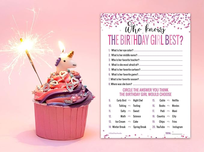 30 Who Knows The Birthday Girl Best Game Cards- for Child or Teen- Fun and Easy Game for Party or Sleepover- Girl Birthday Supplies, Activity, Decorations