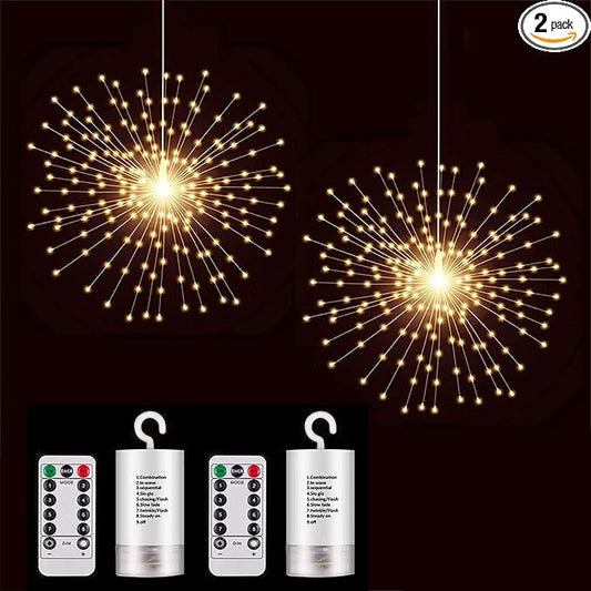PXBNIUYA 2 Pack Starburst Sphere Lights,200 LLED Firework Lights, 8 Modes Dimmable Remote Control Waterproof Hanging Fairy Light, Copper Wire Light for Patio Parties Christmas (Battery Operated)