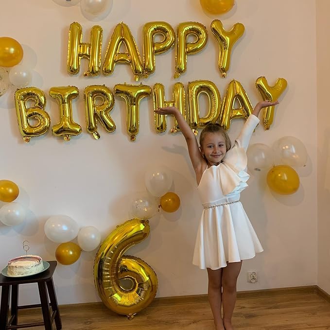 Gold Happy Birthday Balloon Banner, 16 Inch Foil Mylar Happy Birthday Balloons Letters, Reusable Gold Happy Birthday Sign, Golden Birthday Decorations for Women, Men, Boys and Girls