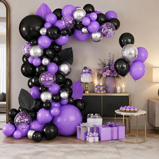 Black Purple Balloons Arch Kit,BTZO Metallic Silver Purple Confetti Balloon for Birthday Wedding Bridal Shower Graduations Party Decorations