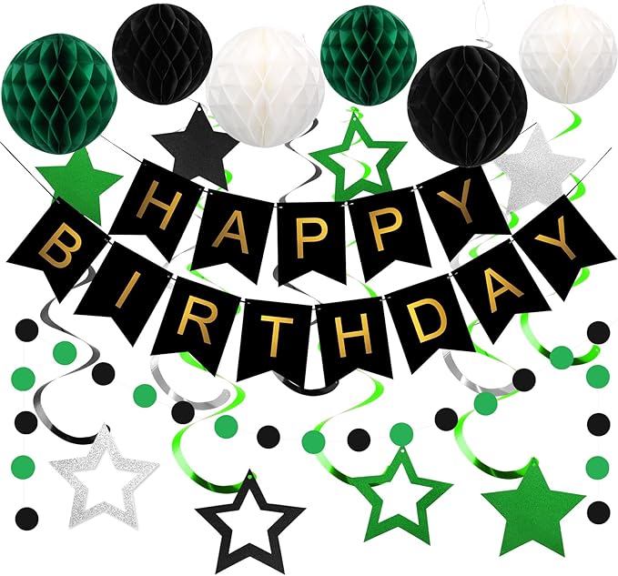 meowtastic Birthday Decorations, Happy Birthday Banner with Honeycomb Balls, Star Hanging Swirl Streamer, Circle Dot Garland, Happy Birthday Party Decorations for Women Men Boys Girls (Green & Black)