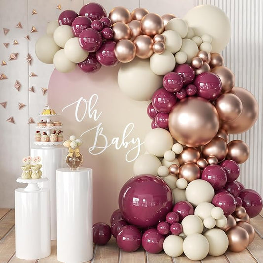 MEBAY Plum Purple White Gold Balloon Arch Kit, 155Pcs Dark Mauve White Sand Rose Gold Balloons Garland for Boho Baby Shower Birthday Wedding Party Decoration