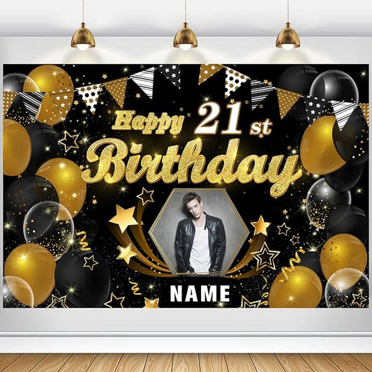 Custom Black and gold Theme 21st Birthday Decorations Banner - Personalized Fabric Banner for 21st Birthday Party Supplies