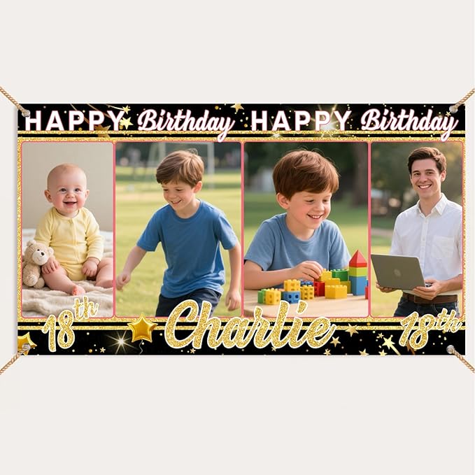 Personalized Happy Birthday Banner with Pictures, Custom Backdrop Decorations for Men Husband Him, Celebration Party Banner with Name for All Age Events
