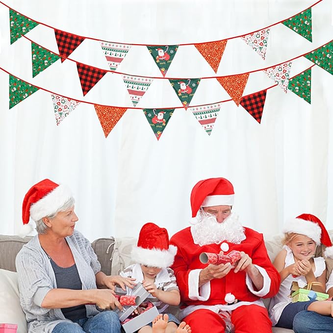 Zwiebeco 32Ft Red Green Christmas Pennant Banner Triangle Flags Fabric Bunting Garland Red-Black Plaid Checkered Cotton Flag for Xmas Birthday Wedding Christmas New Year Party Home Garden Decorations