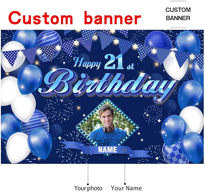 Custom Navy blue Theme 21st Birthday Decorations Banner - Personalized Fabric Banner for 21st Birthday Party Supplies