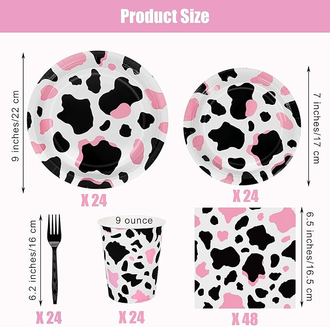 Kochorie 144 Pieces Pink Cow Print Party Supplies, Cowgirl Pink Cow Tableware Sets Including Disposable Paper Plates Napkins Cups Forks Serves 24 for Baby Shower Birthday Party Decorations