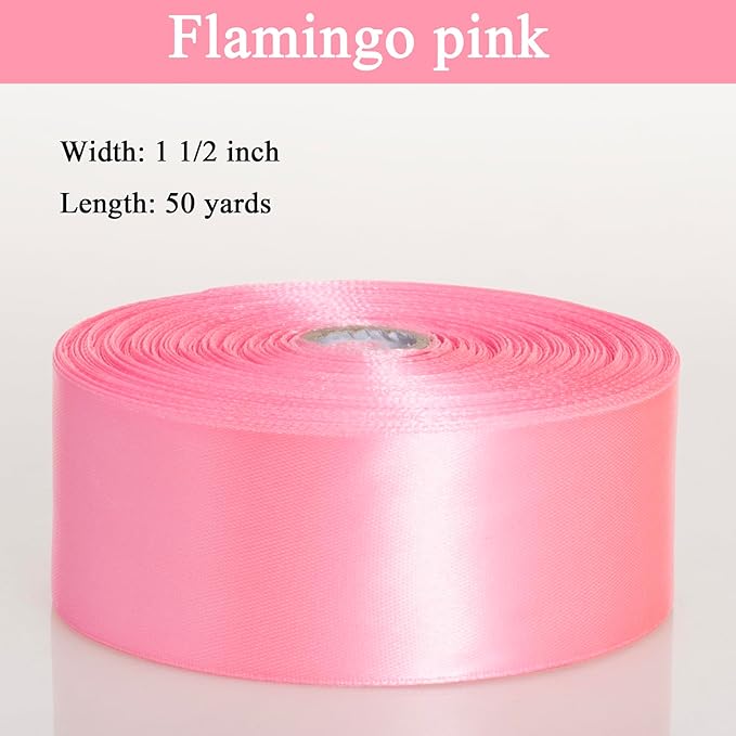 YASEO 1 1/2 Inch Flamingo Pink Solid Satin Ribbon, 50 Yards Craft Fabric Ribbon for Gift Wrapping Floral Bouquets Wedding Party Decoration
