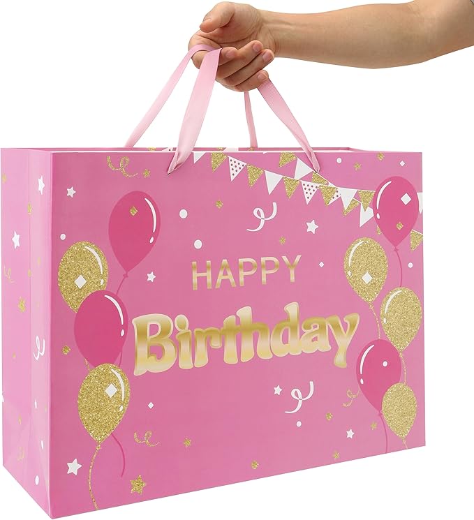 Qirrmiy 16.5" Extra Large Pink Happy Birthday Gift Bag Set with Handles, Greeting Card, Tissue Papers and Stickers for Women Girls, Balloons Design, 1 Pcs